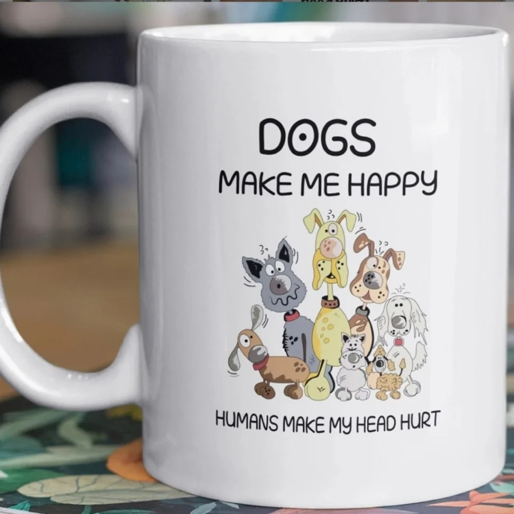White Ceramic 'Dogs Make Me Happy' Mug with Colorful Dog Artwork